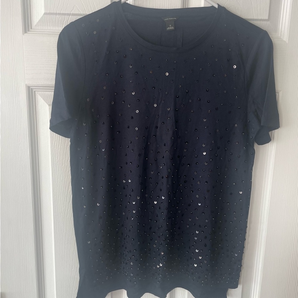 Ann Taylor Navy Sequin Short Sleeve Top